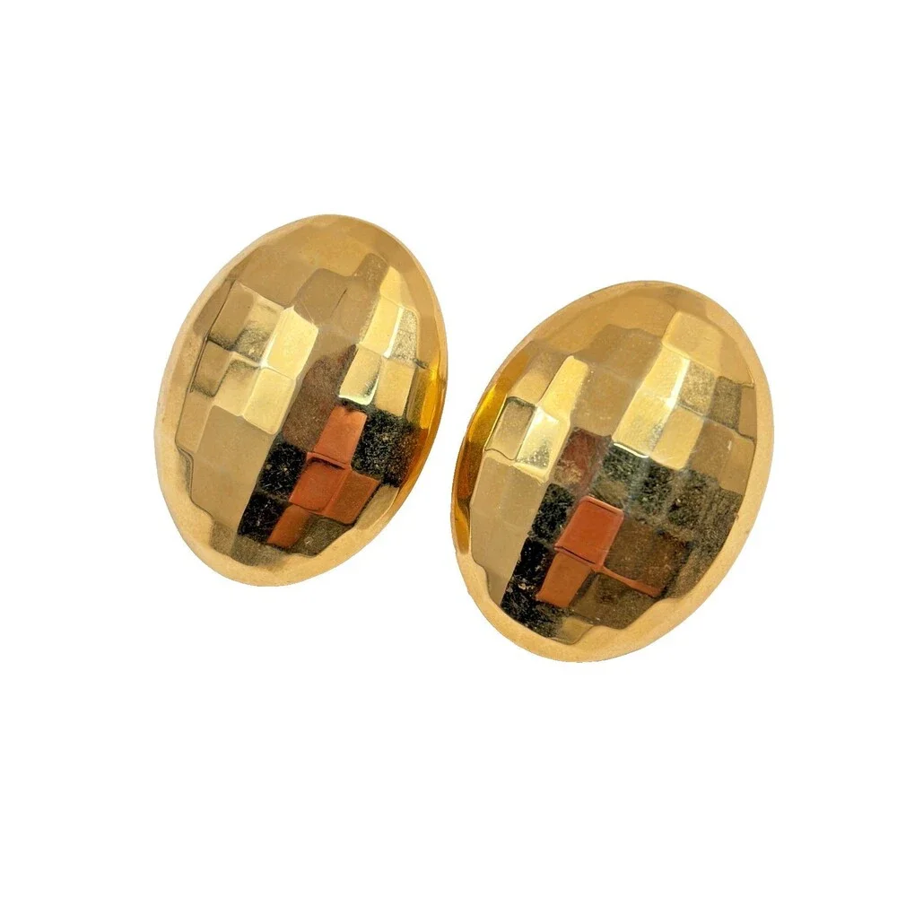 Vintage 1980s Gold Tone Faceted Oval Dome Earrings Bold Minimalist Disco Runway